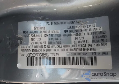 2015 Mazda Cx-9 Touring z USA, uszkodzony, nr VIN JM3TB2CV7F0468897